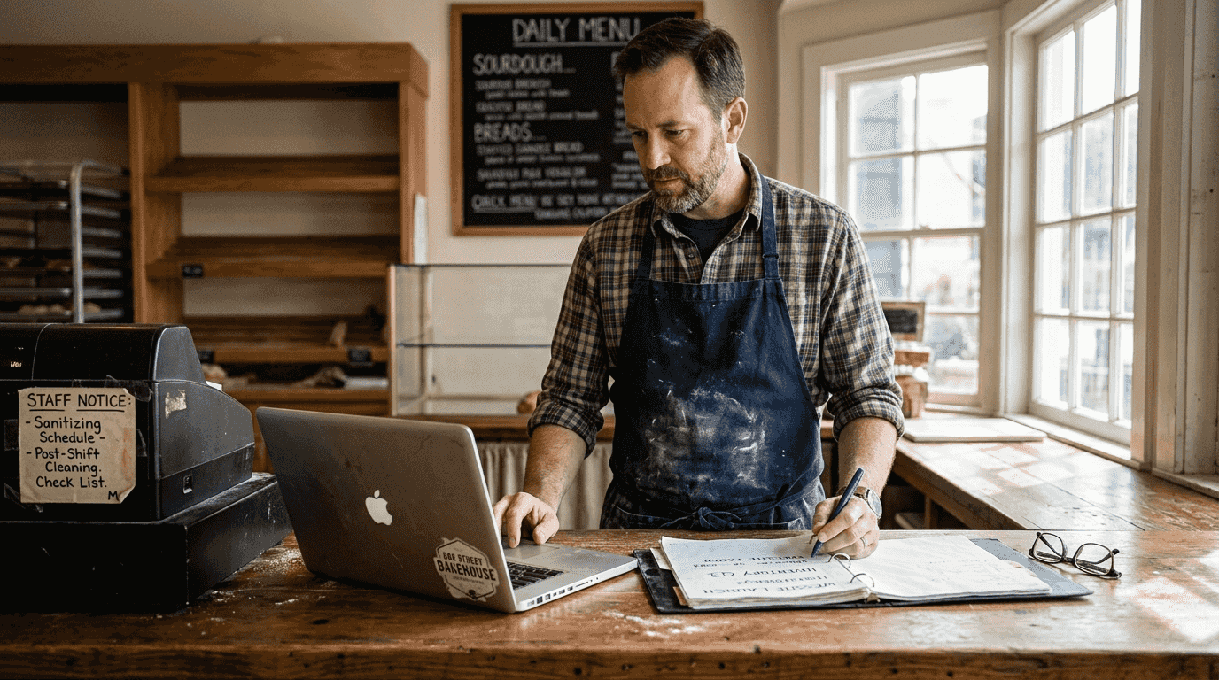 Bakery owner checking new website at counter
