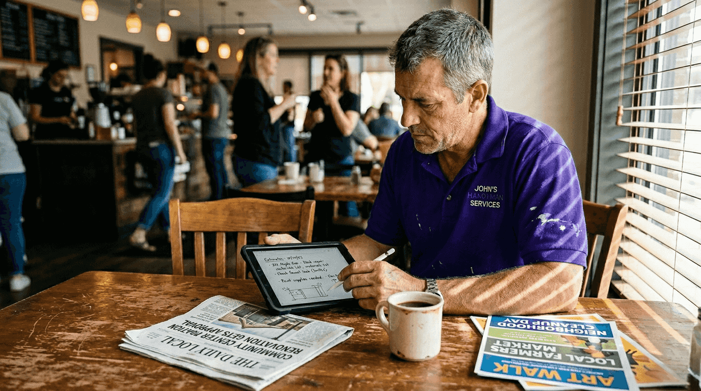 Handyman planning local blog content in café