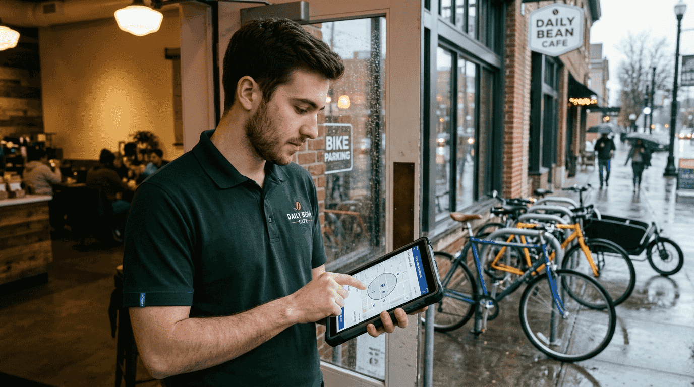 Cafe manager adjusting ad geo-targeting on tablet