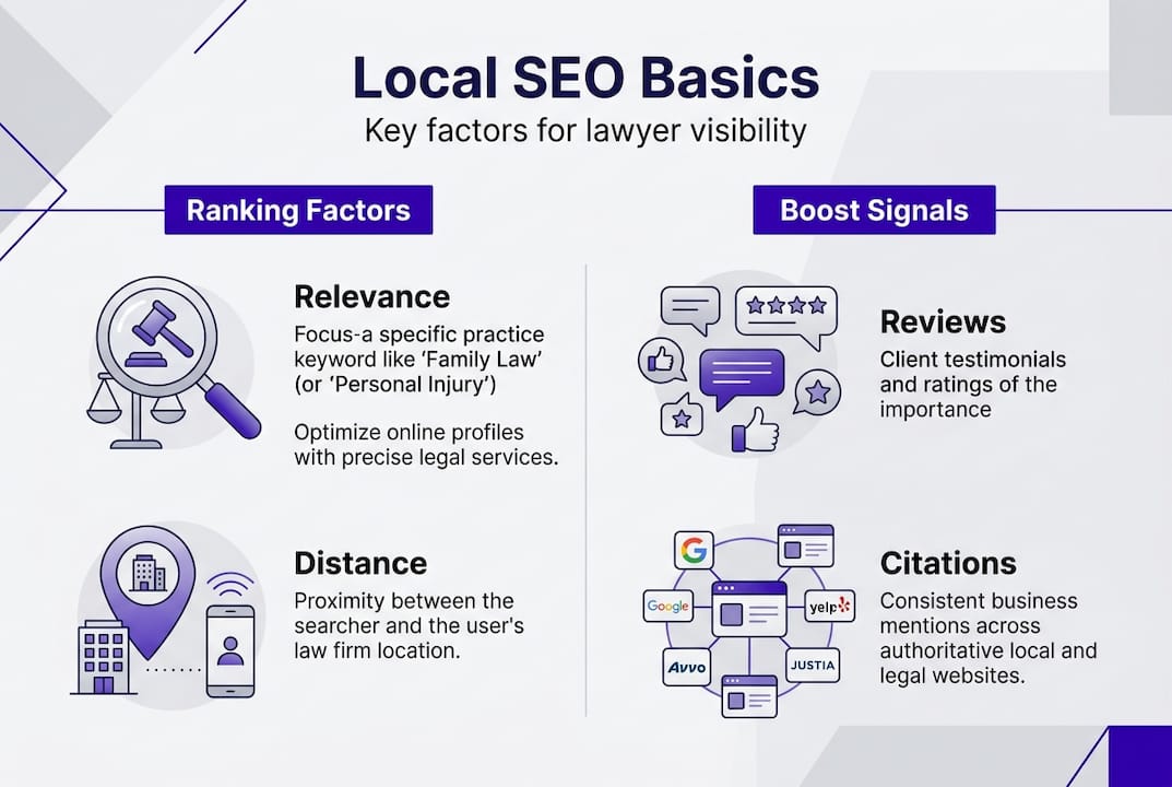 Infographic showing local SEO basics for attorneys