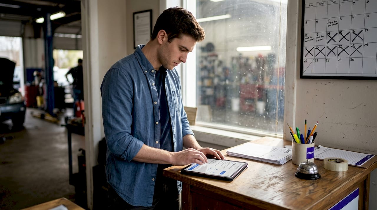 Business owner updating Google profile at counter