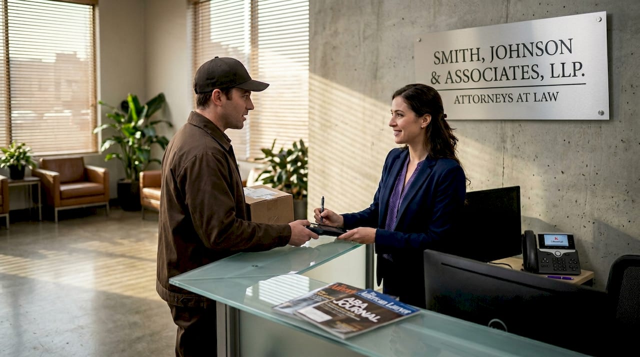 Law firm lobby with receptionist and foyer branding