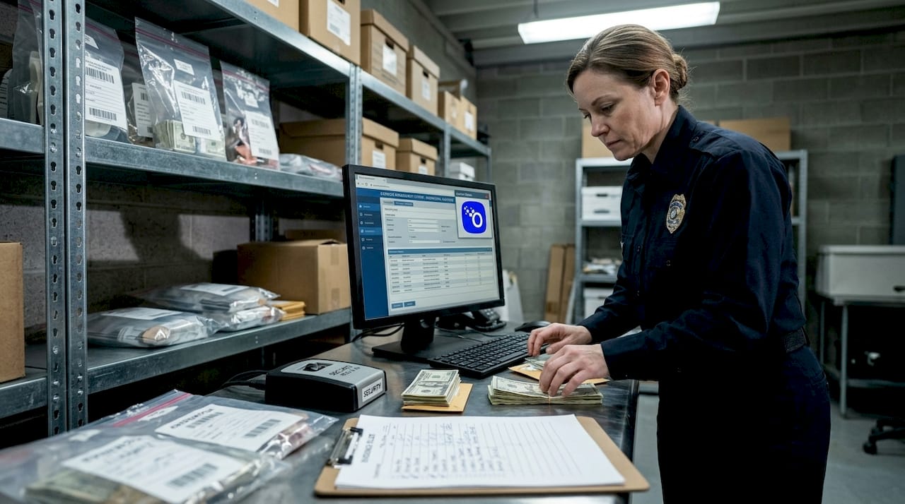 Evidence technician logging assets at workstation