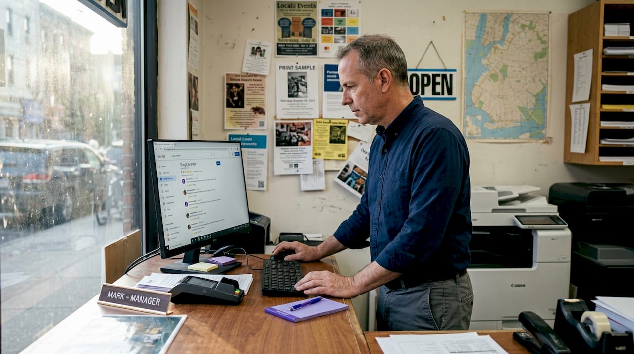Shop owner reading positive local reviews