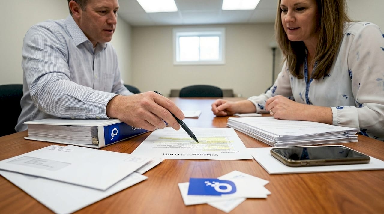 Administrators discussing agency compliance checklist