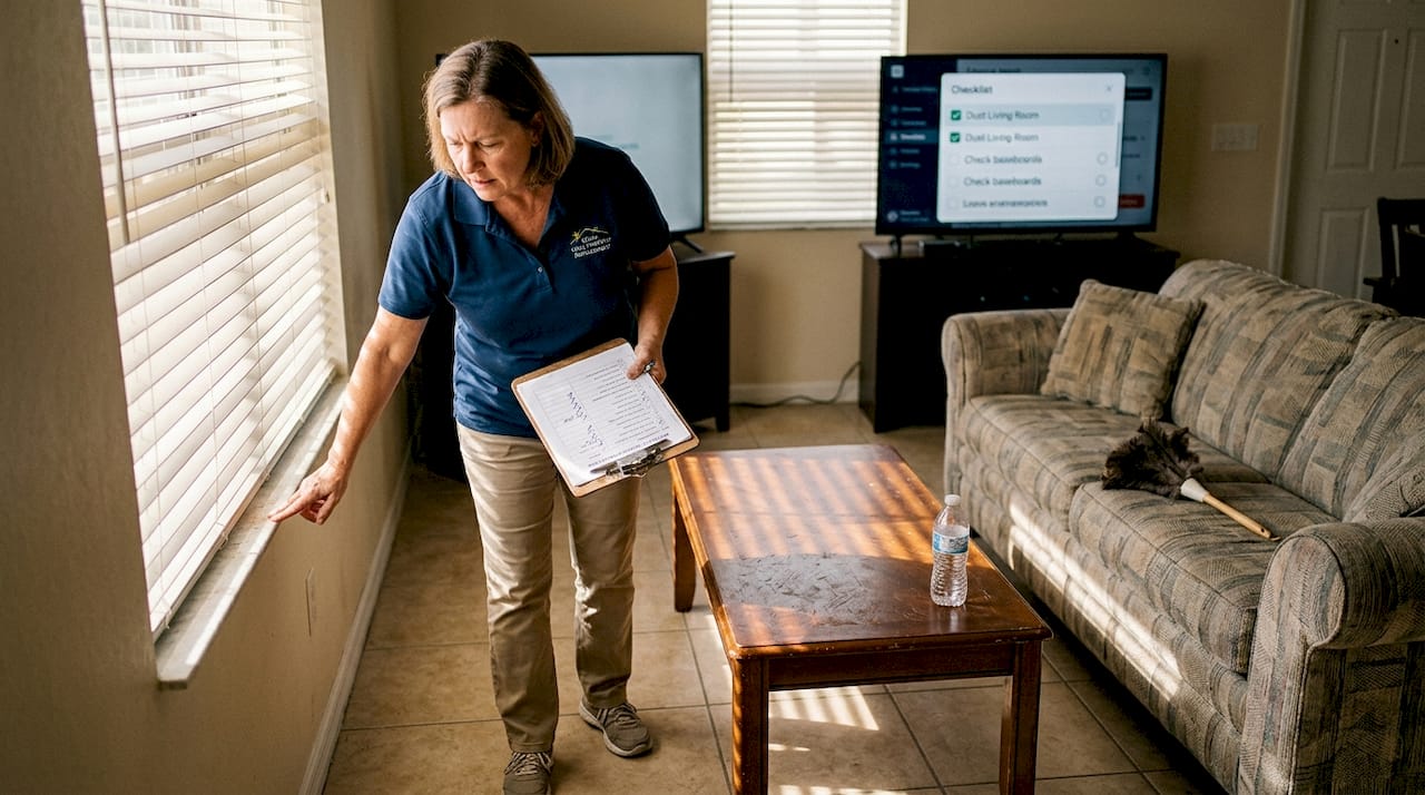 Host inspecting living room with cleaning checklist