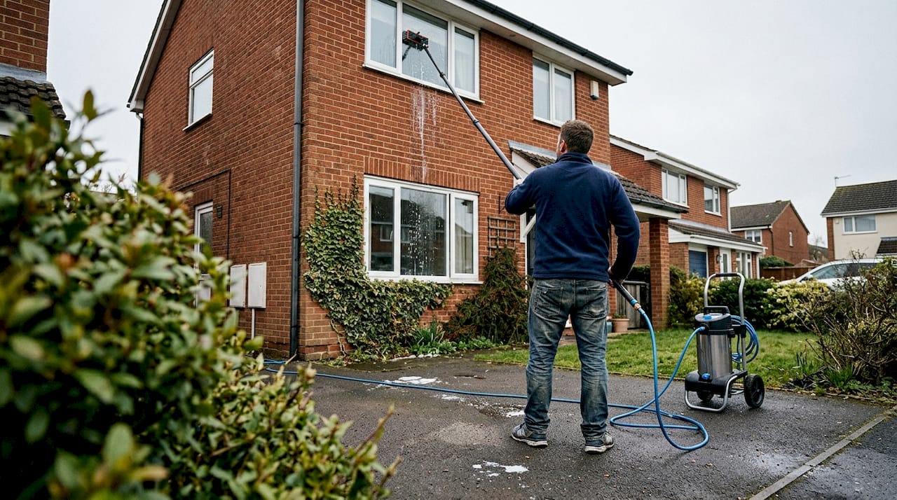 Man using water-fed pole to clean upstairs window