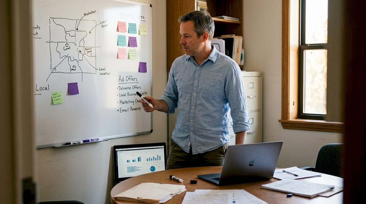 Marketer planning local ad campaign at whiteboard