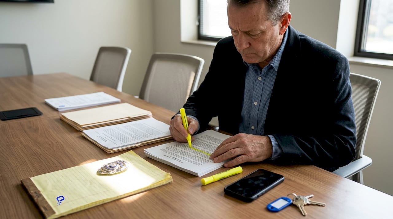 Investigator reviews termination records in meeting room