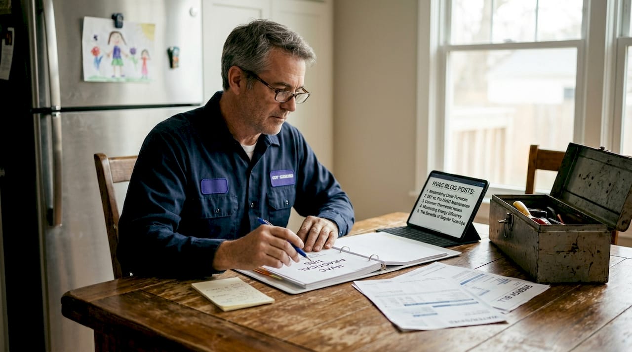 Technician organizing service tips in home kitchen