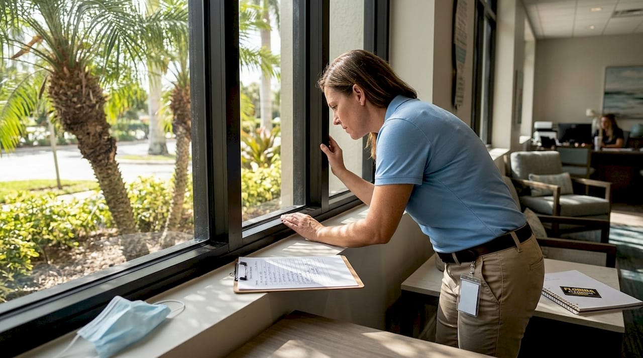 Property manager inspecting Tampa Bay lobby windows