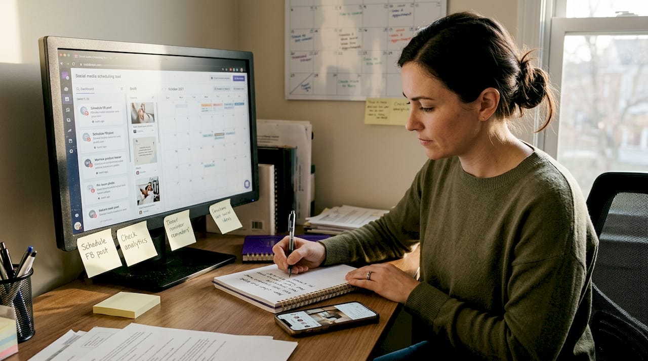 Manager planning social media content calendar