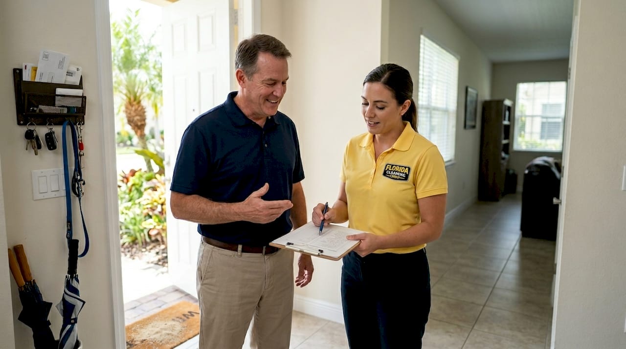 Owner and cleaner reviewing add-ons at front entry