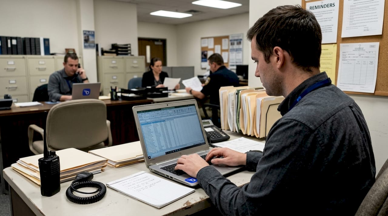 Investigator inputs screening notes in police office