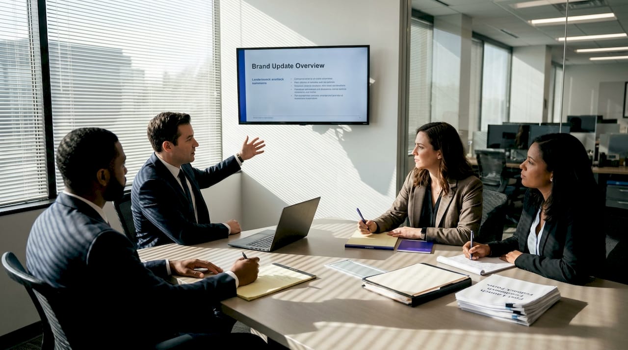 Law firm team reviewing brand changes