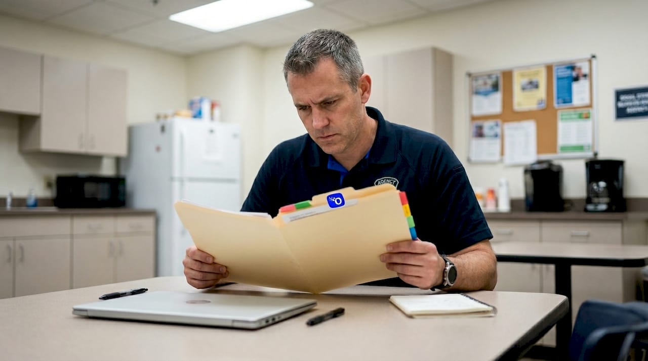 Investigator reviewing background check documents
