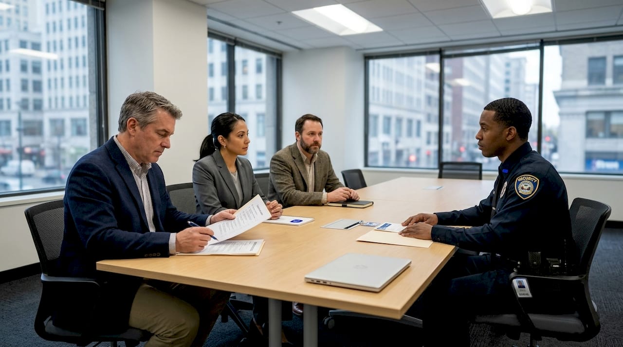 Interview panel evaluating security candidate
