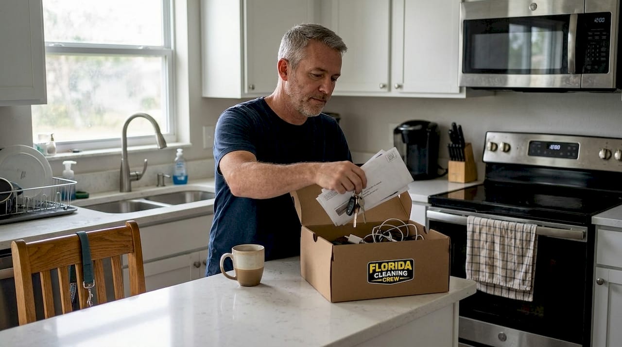Man organizing clutter before home cleaning