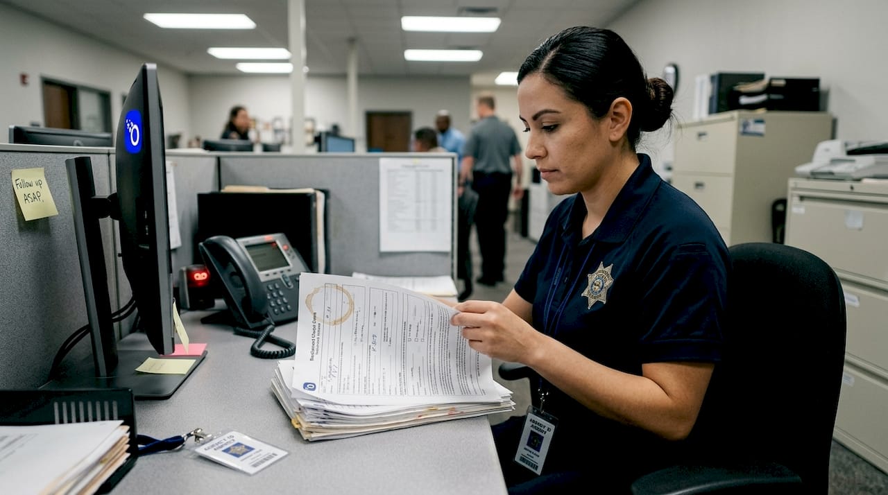 Assistant examining public safety background check papers