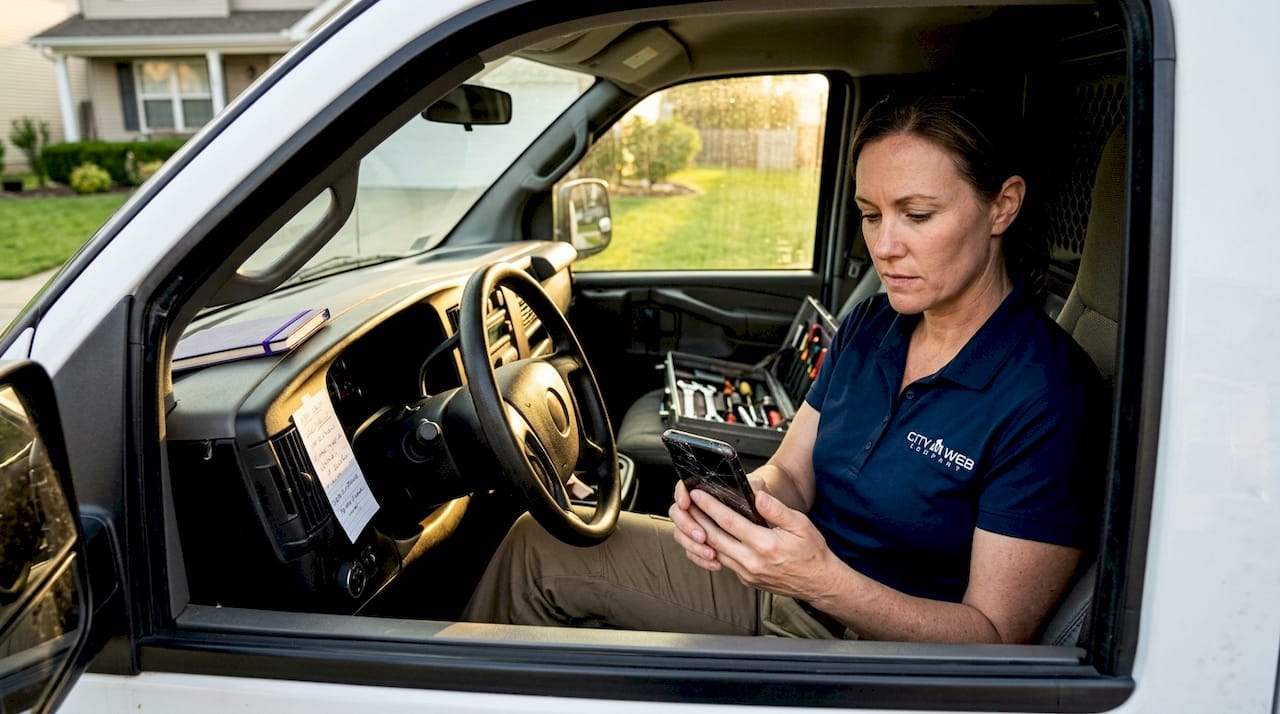 Technician checks phone for new service leads