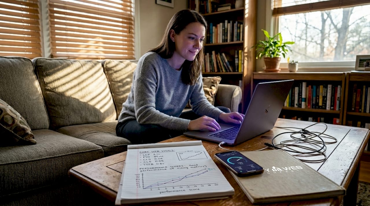 Woman checks website speed on living room couch