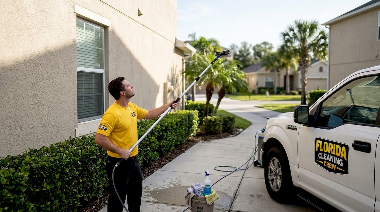 Professional safely cleaning high exterior windows