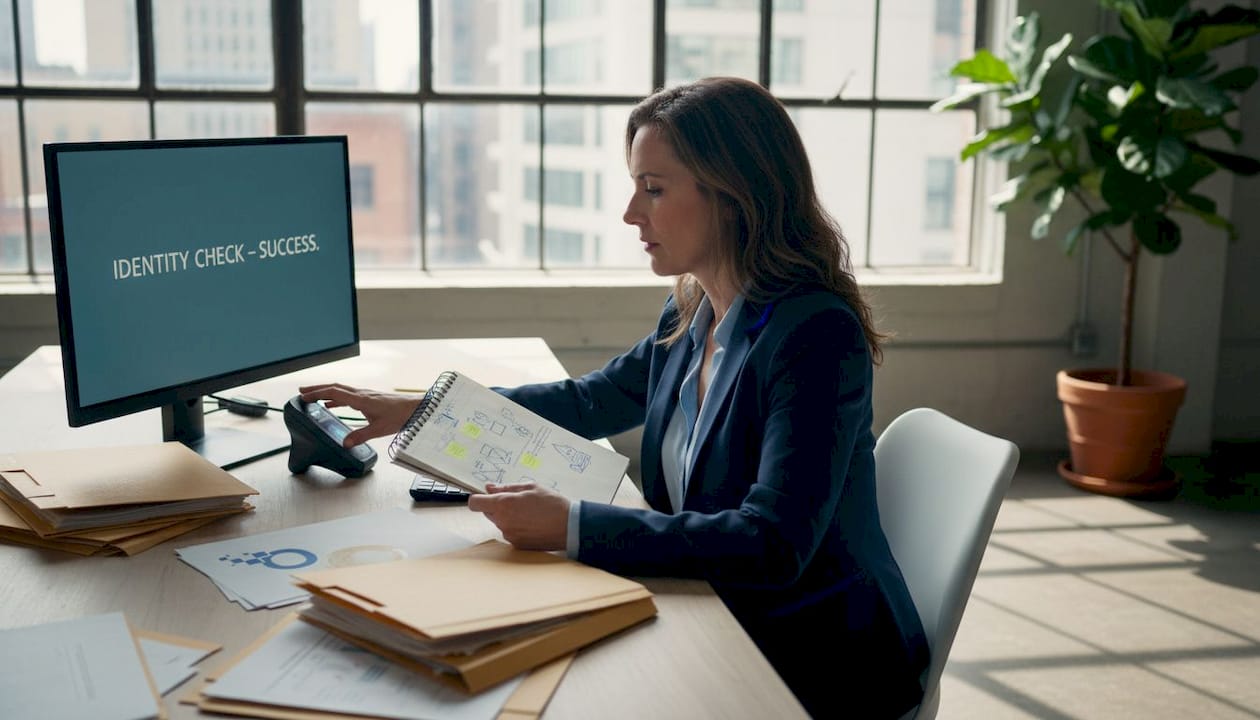 HR specialist using fingerprint scanner for ID check