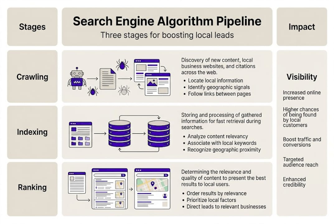 Infographic outlining search engine stages