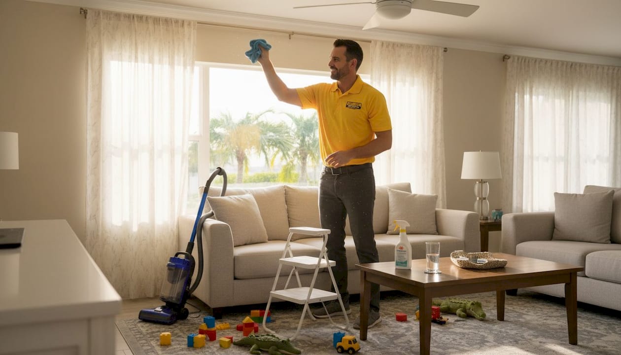 Man cleaning ceiling fan in family room