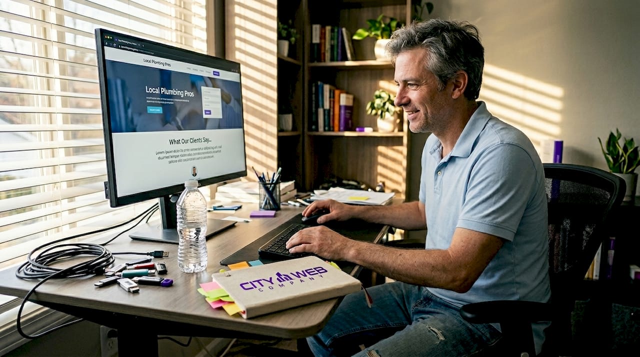 Designer testing local business site at desk