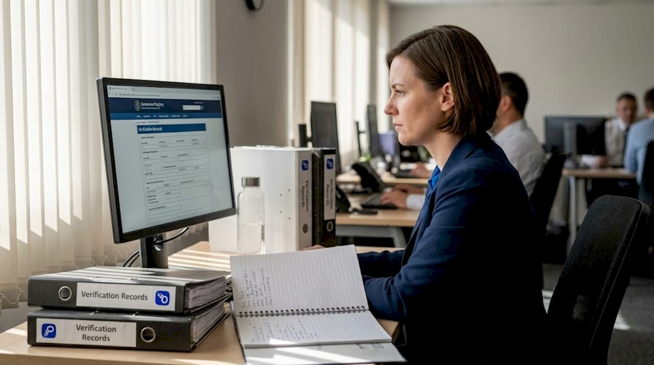 HR staff verifying credentials at desktop