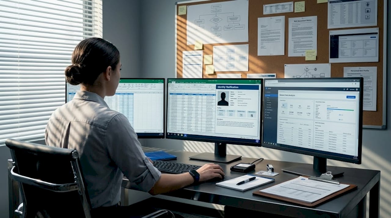 HR analyst tracks applicant data at desk