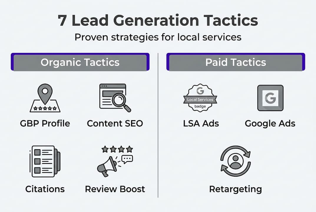 Infographic showing seven tactics for local lead generation
