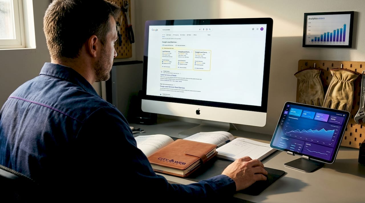 Plumber viewing Google Local Services Ads results