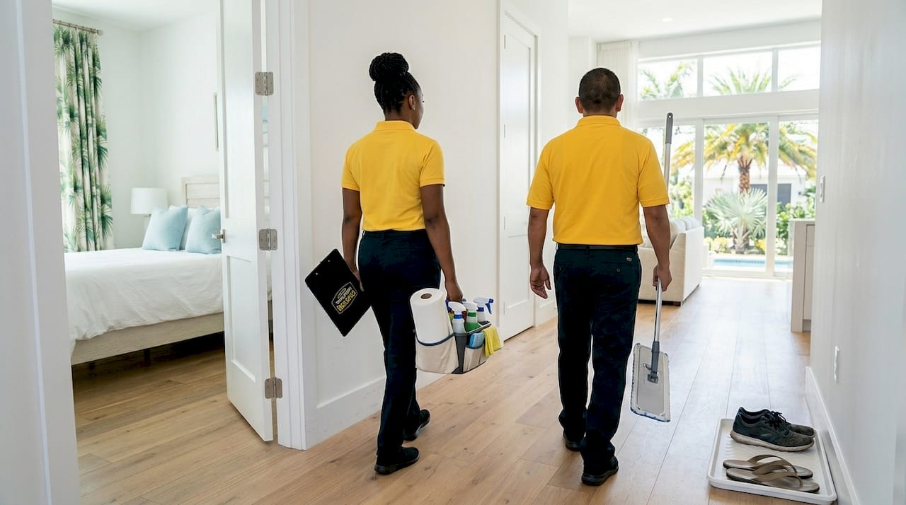 Cleaning team working in rental hallway