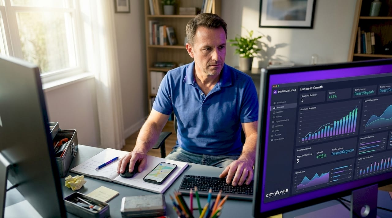 Technician editing map on busy desk