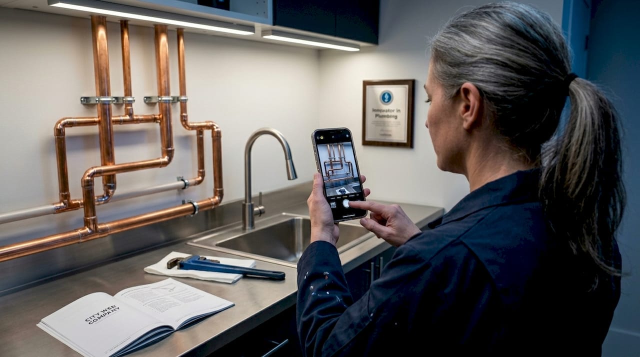 Plumber snapping photo of finished repair job