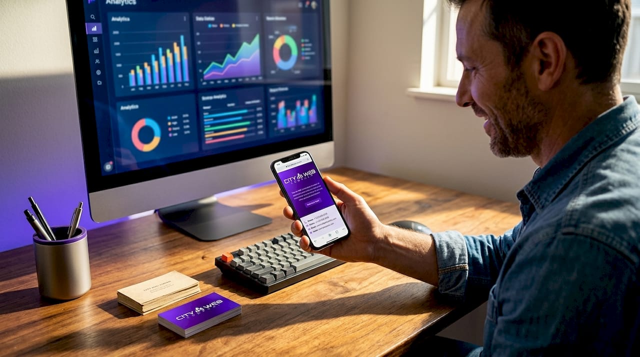 Business owner checking website on smartphone