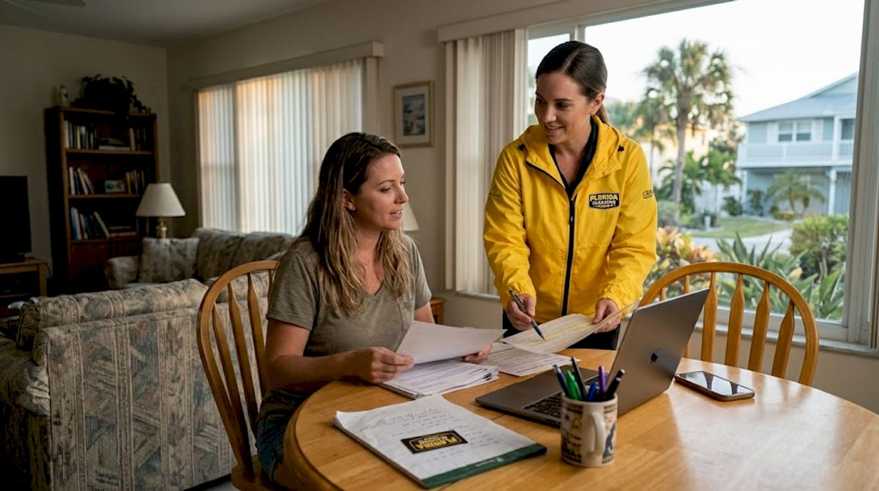 Homeowner checking cleaning service documents