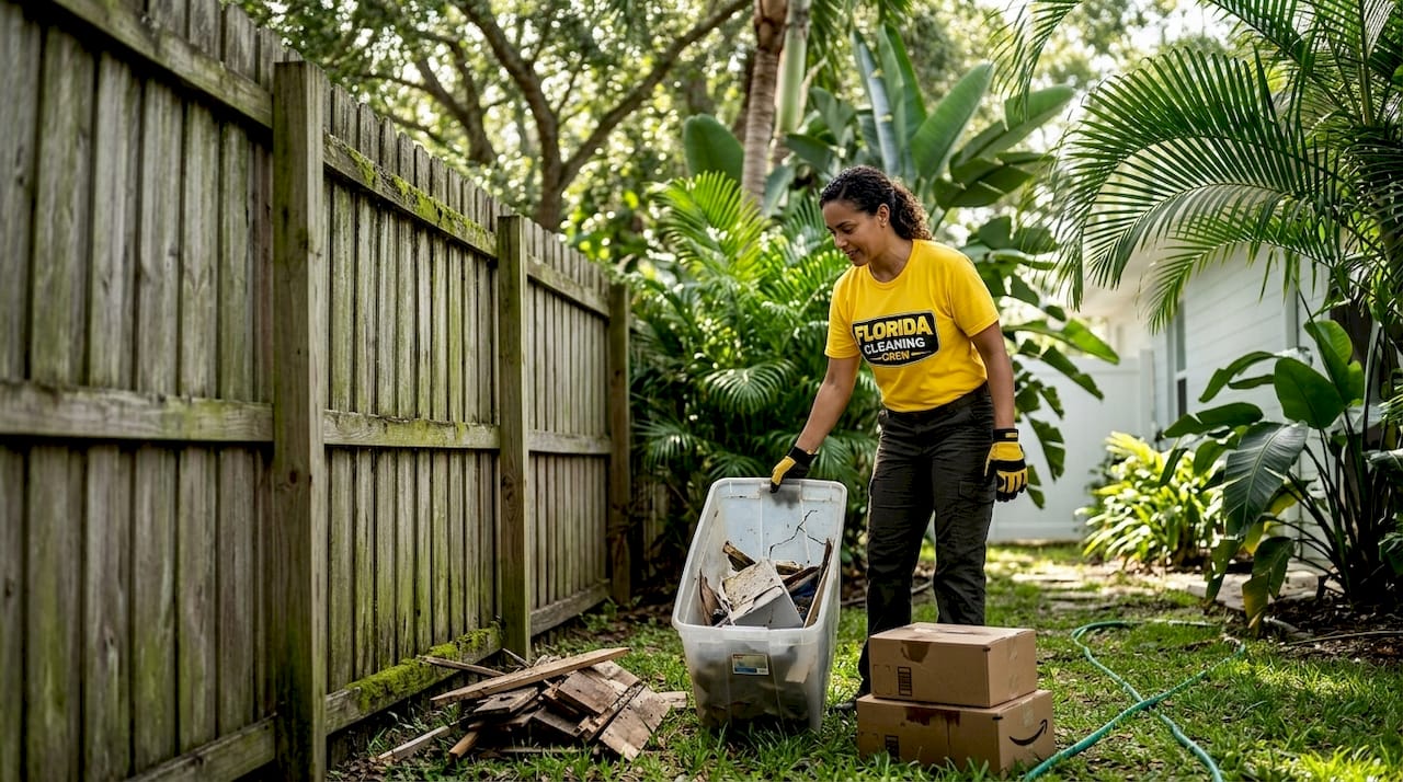 Woman sorting junk in humid Tampa backyard