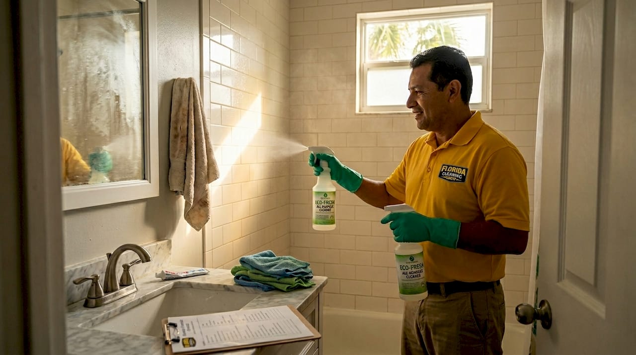 Eco cleaner sprays bathroom tiles in humid Tampa home