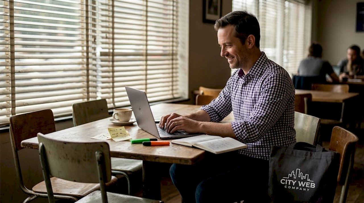 Man drafting business content at coworking table