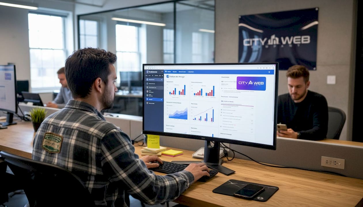 Marketer setting up social media ad campaign