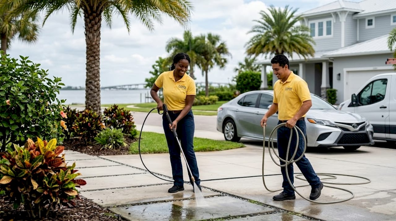 Homeowner inspects algae growth after rain