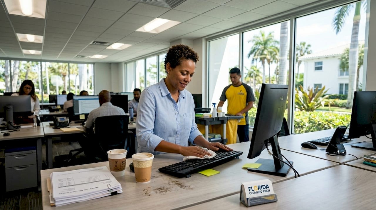 Office manager cleaning shared keyboard and desk
