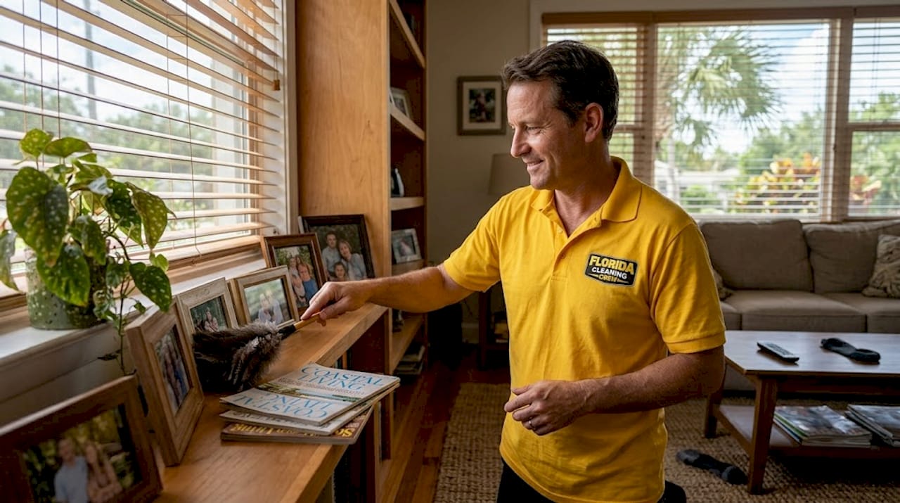 Man dusting bookshelf in Tampa living room