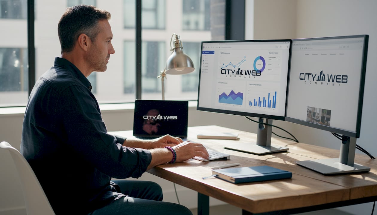 Shop owner updating website at cluttered desk