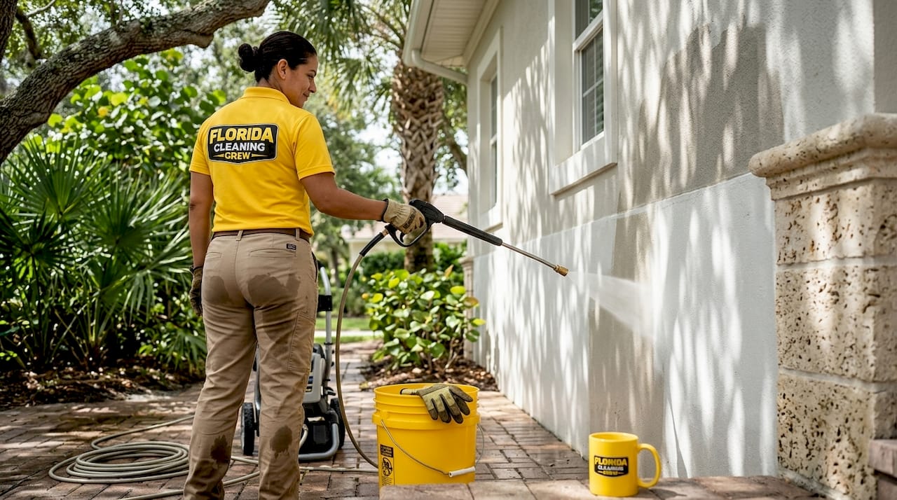 Woman cleaning stucco house siding
