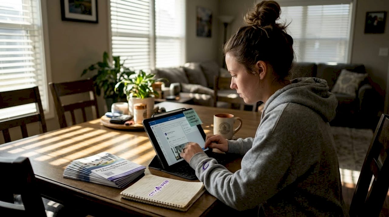 Woman working on social media post