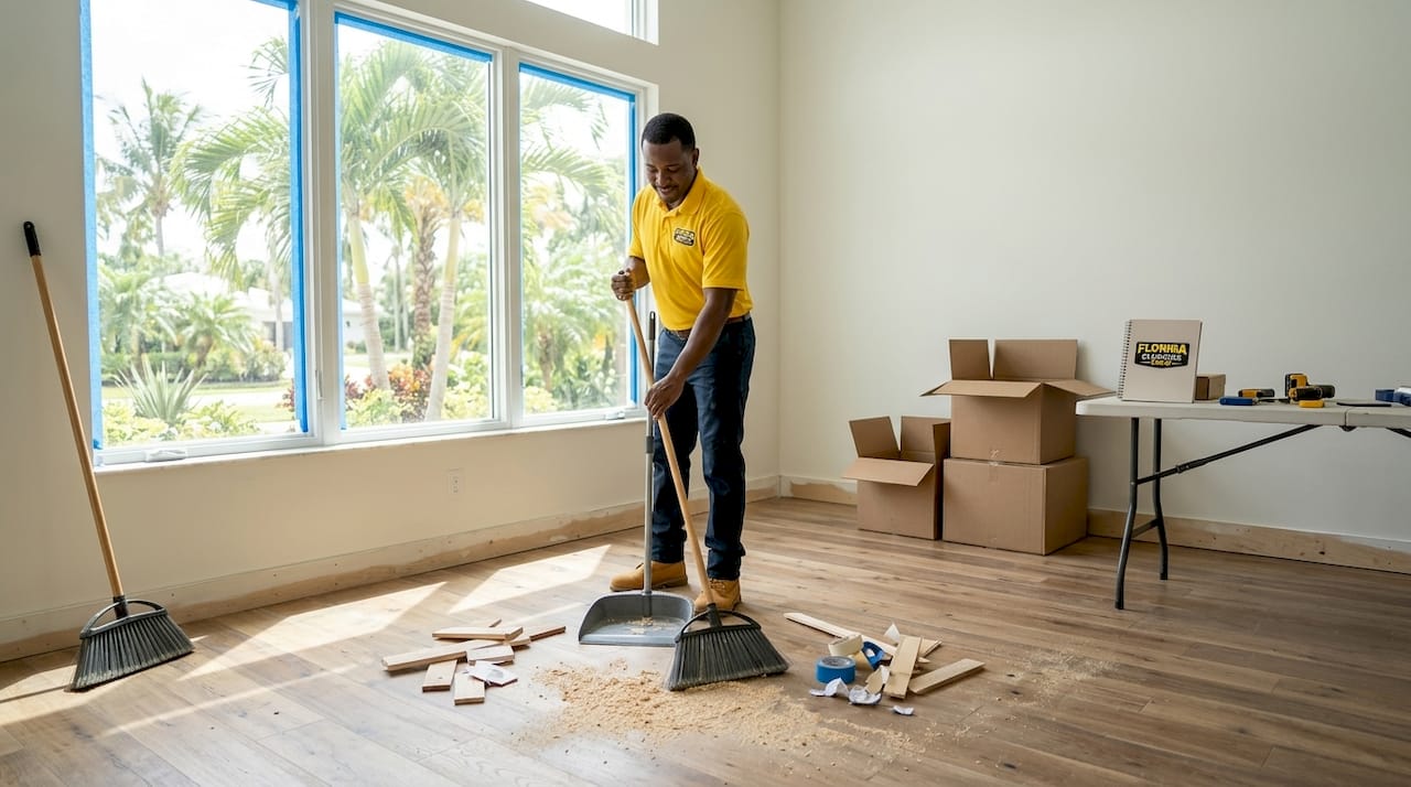 Worker sweeping sawdust and debris in home